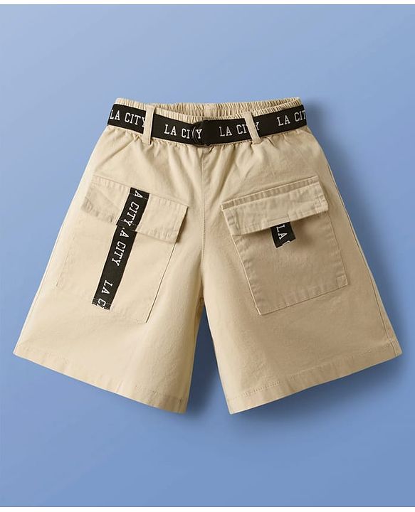 Pine Kids Single Jersey Knit Half Sleeves T-Shirt & Shorts Set With Belt & Los Angeles Print - White & Olive Green