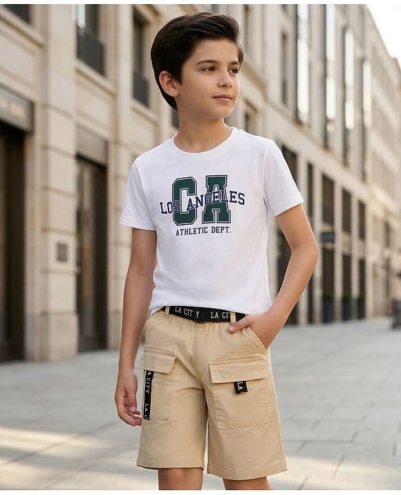 Pine Kids Single Jersey Knit Half Sleeves T-Shirt & Shorts Set With Belt & Los Angeles Print - White & Olive Green