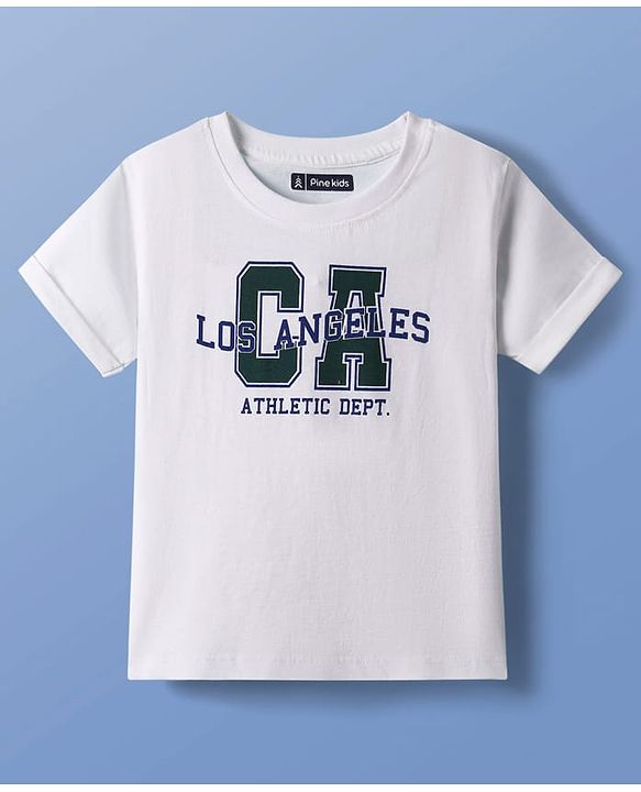 Pine Kids Single Jersey Knit Half Sleeves T-Shirt & Shorts Set With Belt & Los Angeles Print - White & Olive Green