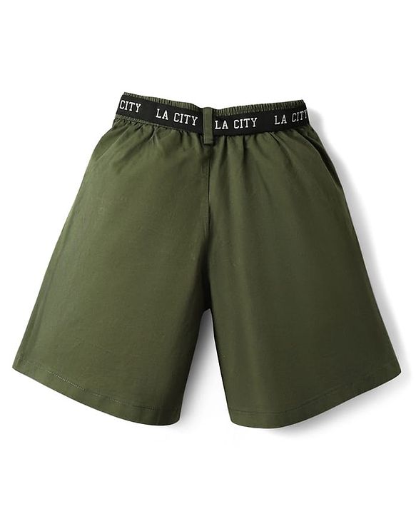Pine Kids Single Jersey Knit Half Sleeves Top & Shorts Set with New York Text Print - Black & Olive Green