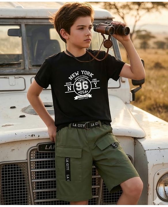 Pine Kids Single Jersey Knit Half Sleeves Top & Shorts Set with New York Text Print - Black & Olive Green