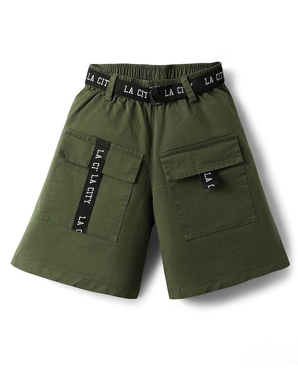 Pine Kids Single Jersey Knit Half Sleeves Top & Shorts Set with New York Text Print - Black & Olive Green