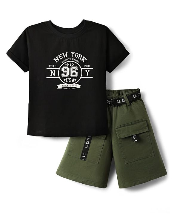Pine Kids Single Jersey Knit Half Sleeves Top & Shorts Set with New York Text Print - Black & Olive Green