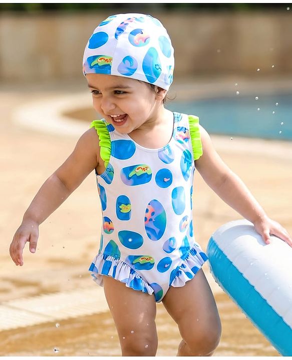 Babyhug Sleeveless V Cut Swimsuit With Abstract Print & Cap - White