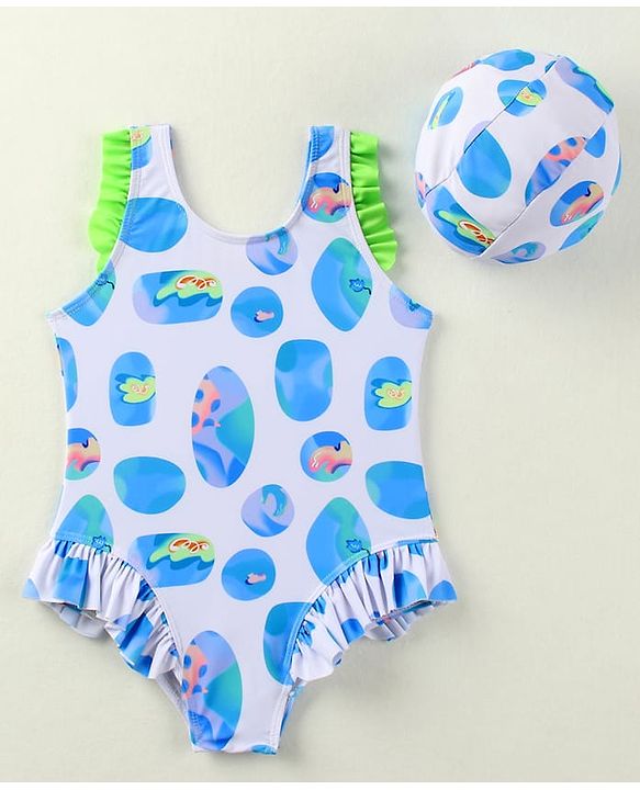 Babyhug Sleeveless V Cut Swimsuit With Abstract Print & Cap - White
