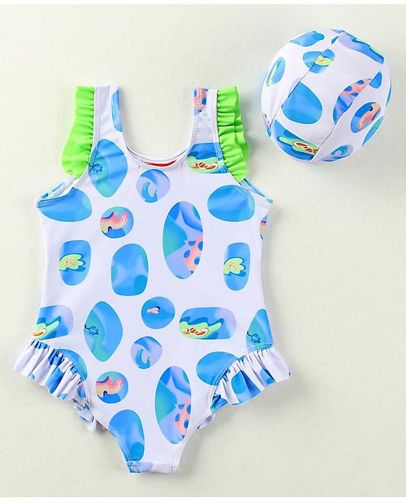 Babyhug Sleeveless V Cut Swimsuit With Abstract Print & Cap - White