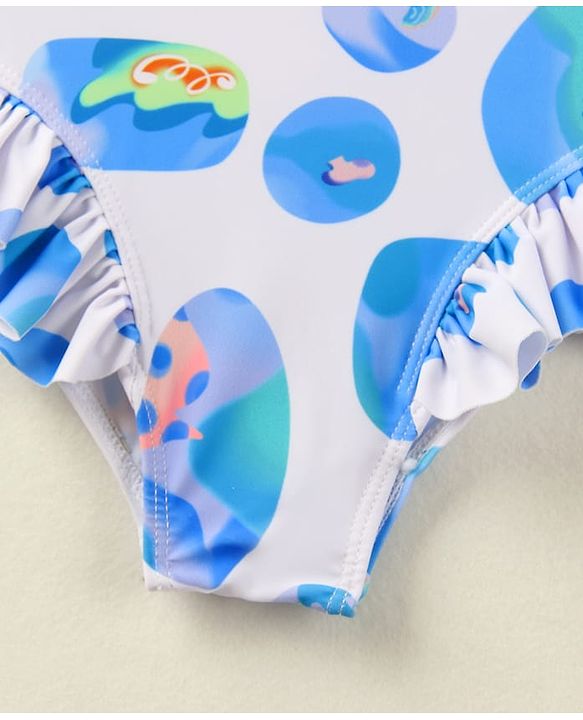 Babyhug Sleeveless V Cut Swimsuit With Abstract Print & Cap - White