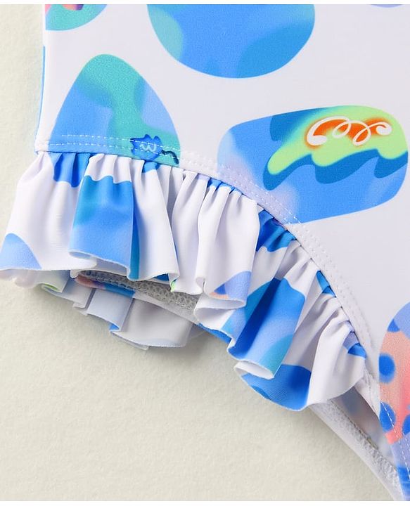 Babyhug Sleeveless V Cut Swimsuit With Abstract Print & Cap - White