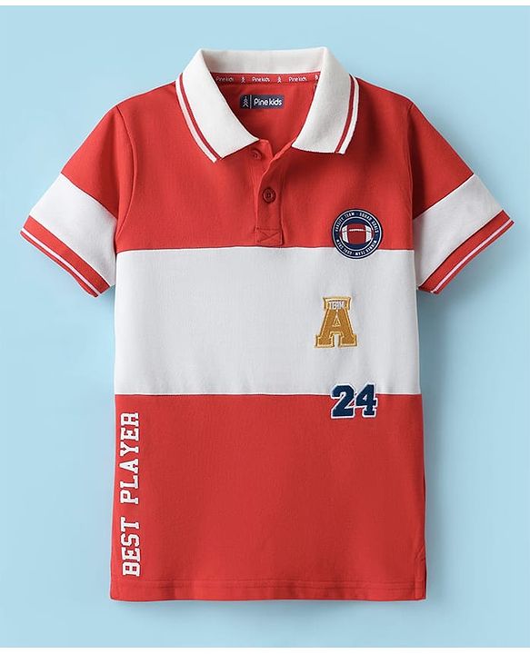 Pine Kids Cotton Knit Half Sleeves Cut & Sew Polo T-Shirt with Best Player Text Print - Red & White