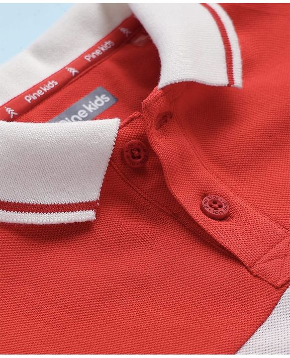 Pine Kids Cotton Knit Half Sleeves Cut & Sew Polo T-Shirt with Best Player Text Print - Red & White