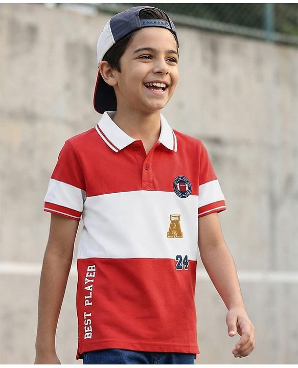 Pine Kids Cotton Knit Half Sleeves Cut & Sew Polo T-Shirt with Best Player Text Print - Red & White