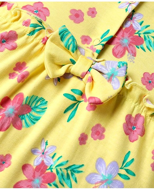 Babyhug Cotton Knit Full Sleeves Footed Sleep Suit With Floral Print & Bow Applique - Yellow