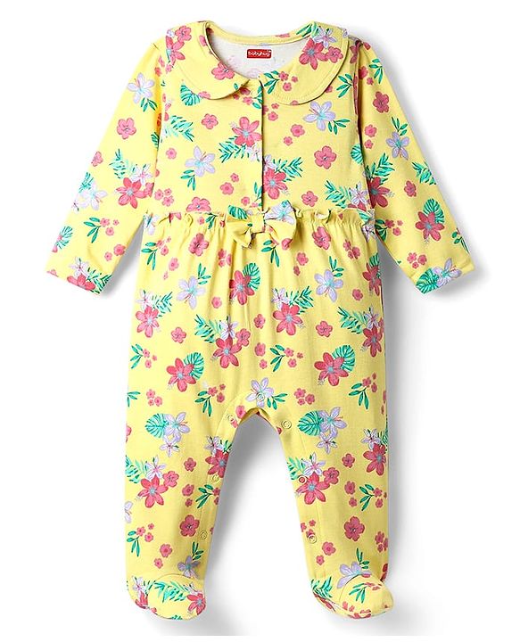Babyhug Cotton Knit Full Sleeves Footed Sleep Suit With Floral Print & Bow Applique - Yellow
