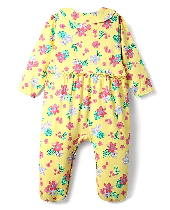 Babyhug Cotton Knit Full Sleeves Footed Sleep Suit With Floral Print & Bow Applique - Yellow
