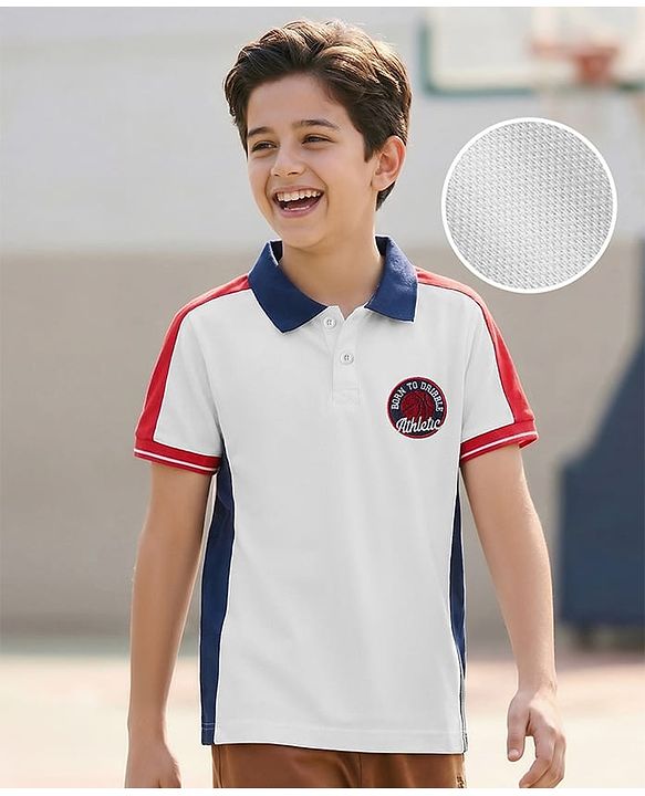 Pine Kids Cotton Knit Half Sleeves Cut & Sew Polo T-Shirt with Patch Detailing - White