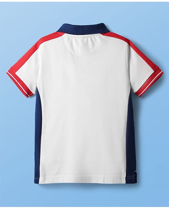 Pine Kids Cotton Knit Half Sleeves Cut & Sew Polo T-Shirt with Patch Detailing - White