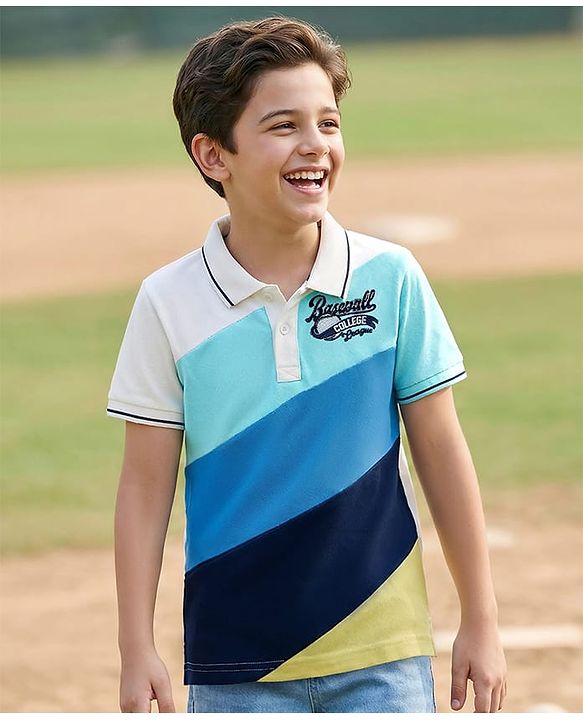 Pine Kids Cotton Knit Polo T-Shirt With Baseball Text Embroidery - Blue
