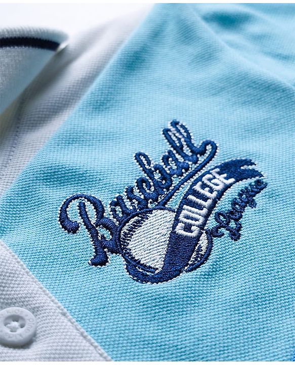 Pine Kids Cotton Knit Polo T-Shirt With Baseball Text Embroidery - Blue