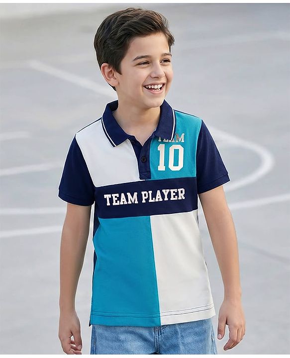 Pine Kids Cotton Knit Polo T-Shirt With Team Player Text Print - Navy Blue