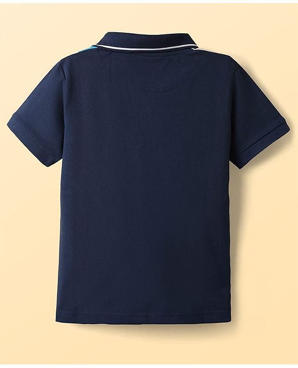 Pine Kids Cotton Knit Polo T-Shirt With Team Player Text Print - Navy Blue