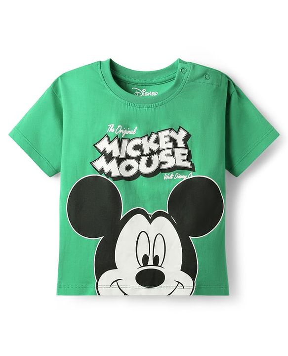 Babyhug Disney Single Jersey Knit Half Drop Shoulder Sleeves T-Shirt & Denim Shorts Set with Mickey Mouse Graphics - Mint & Blue
