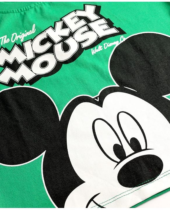 Babyhug Disney Single Jersey Knit Half Drop Shoulder Sleeves T-Shirt & Denim Shorts Set with Mickey Mouse Graphics - Mint & Blue