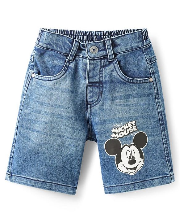 Babyhug Disney Single Jersey Knit Half Drop Shoulder Sleeves T-Shirt & Denim Shorts Set with Mickey Mouse Graphics - Mint & Blue