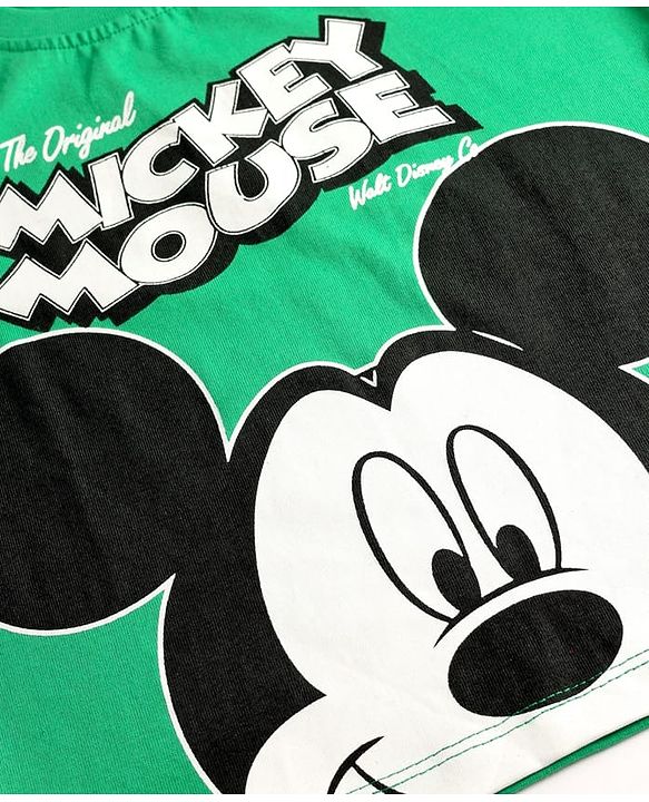 Babyhug Disney Single Jersey Knit Half Drop Shoulder Sleeves T-Shirt & Denim Shorts Set with Mickey Mouse Graphics - Mint & Blue