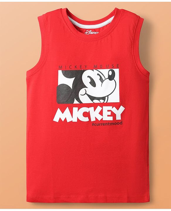 Pine Kids Disney Single Jersey Knit Half Drop Shoulder Sleeves Shirt with T-Shirt & Mickey Mouse Graphics - White & Red