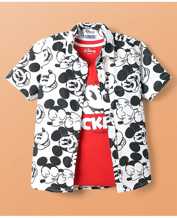 Pine Kids Disney Single Jersey Knit Half Drop Shoulder Sleeves Shirt with T-Shirt & Mickey Mouse Graphics - White & Red