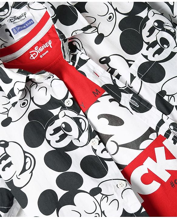 Pine Kids Disney Single Jersey Knit Half Drop Shoulder Sleeves Shirt with T-Shirt & Mickey Mouse Graphics - White & Red