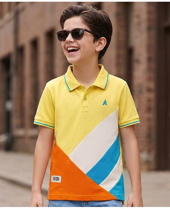 Pine Kids Cotton Knit Half Sleeves Cut & Sew Polo T-Shirt with Patch Detailing - Yellow