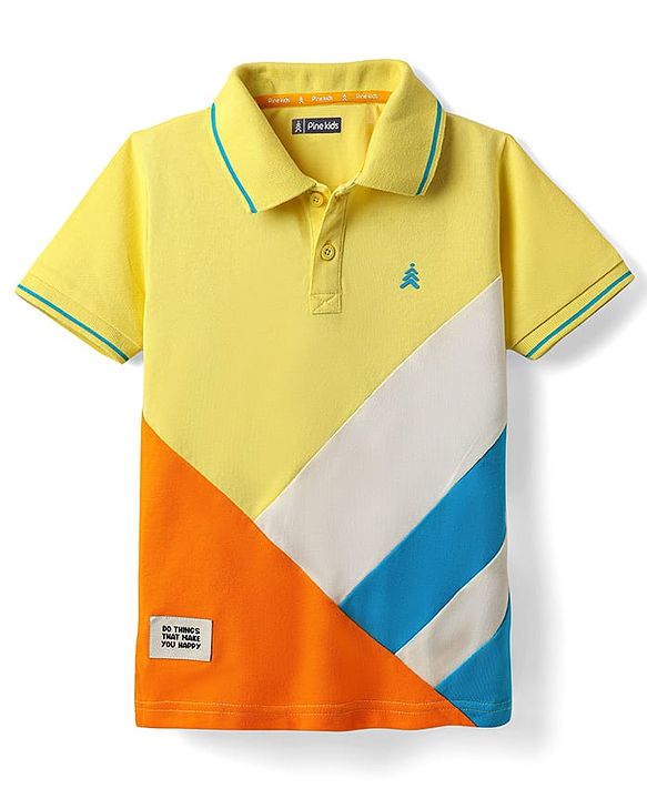 Pine Kids Cotton Knit Half Sleeves Cut & Sew Polo T-Shirt with Patch Detailing - Yellow