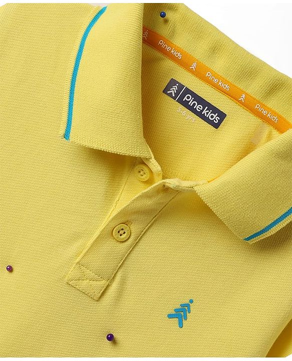 Pine Kids Cotton Knit Half Sleeves Cut & Sew Polo T-Shirt with Patch Detailing - Yellow