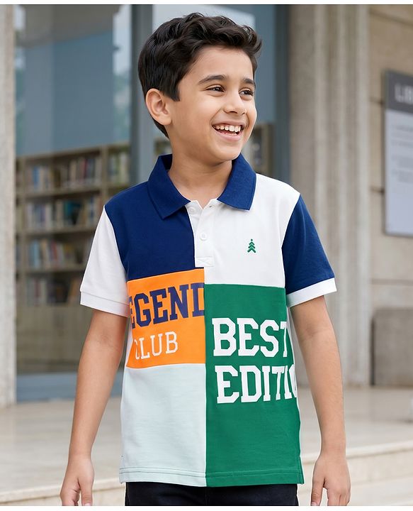 Pine Kids Cotton Knit Polo T-Shirt With Team Player Text Print - Navy Blue  & White
