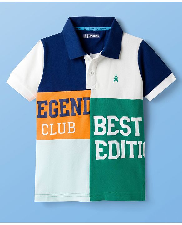 Pine Kids Cotton Knit Polo T-Shirt With Team Player Text Print - Navy Blue  & White