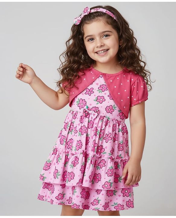 Babyhug Single Jersey Knit Frock & Half Sleeves Shrug With Floral & Polka Dot Print & Headband - Pink