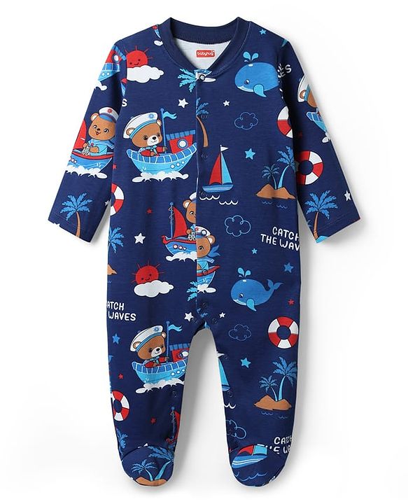 Babyhug Cotton Knit Full Sleeves Footed Sleep Suit With Nautical Theme Print Pack Of 2 - Red & Navy Blue