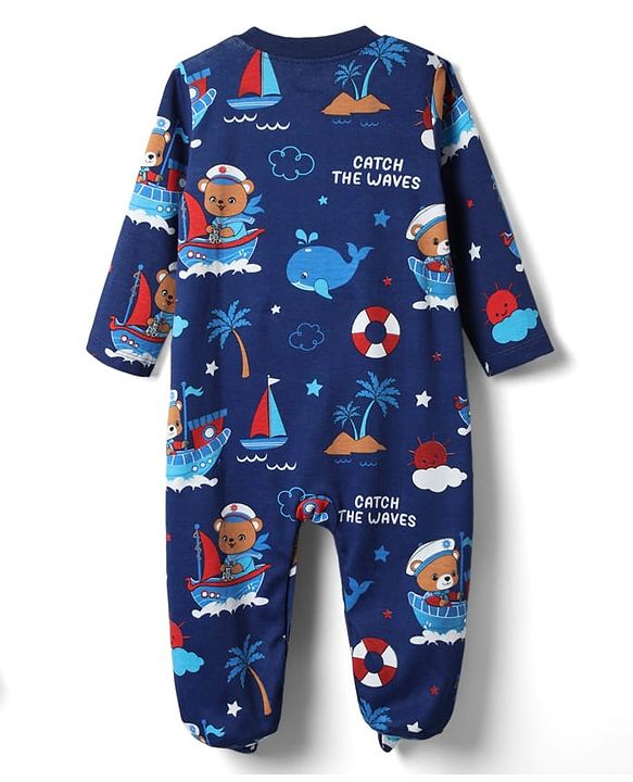 Babyhug Cotton Knit Full Sleeves Footed Sleep Suit With Nautical Theme Print Pack Of 2 - Red & Navy Blue