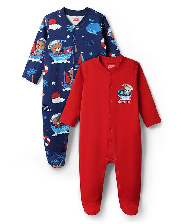 Babyhug Cotton Knit Full Sleeves Footed Sleep Suit With Nautical Theme Print Pack Of 2 - Red & Navy Blue