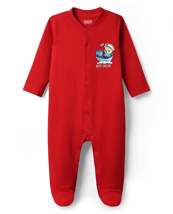 Babyhug Cotton Knit Full Sleeves Footed Sleep Suit With Nautical Theme Print Pack Of 2 - Red & Navy Blue