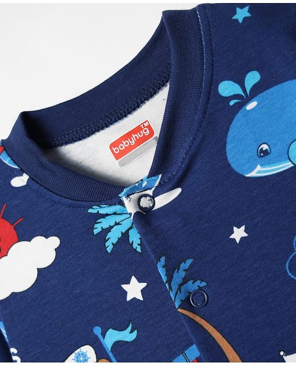 Babyhug Cotton Knit Full Sleeves Footed Sleep Suit With Nautical Theme Print Pack Of 2 - Red & Navy Blue