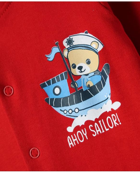 Babyhug Cotton Knit Full Sleeves Footed Sleep Suit With Nautical Theme Print Pack Of 2 - Red & Navy Blue