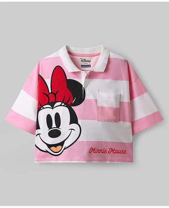 Pine Kids Disney Single Jersey Half Sleeves Drop Shoulder Top & Denim Skirt with Minnie Mouse Graphics & Color Block Design - White & Pink