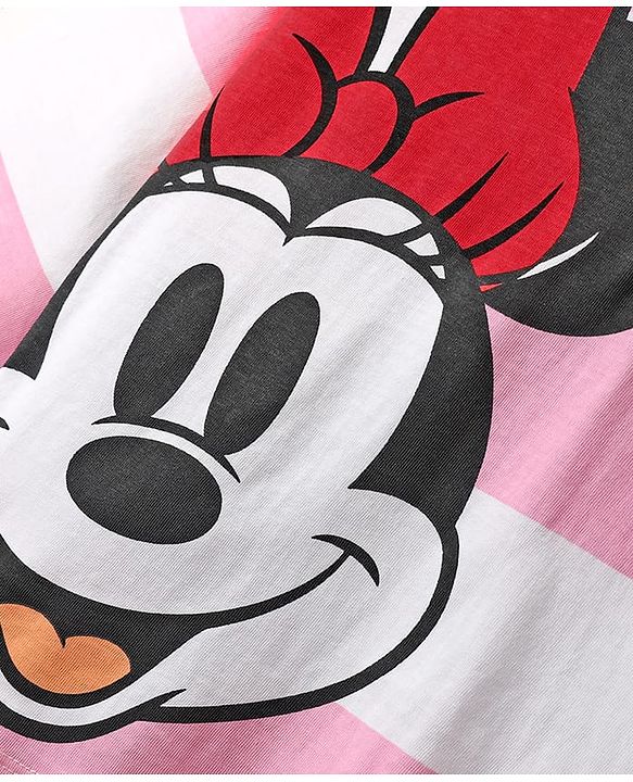Pine Kids Disney Single Jersey Half Sleeves Drop Shoulder Top & Denim Skirt with Minnie Mouse Graphics & Color Block Design - White & Pink