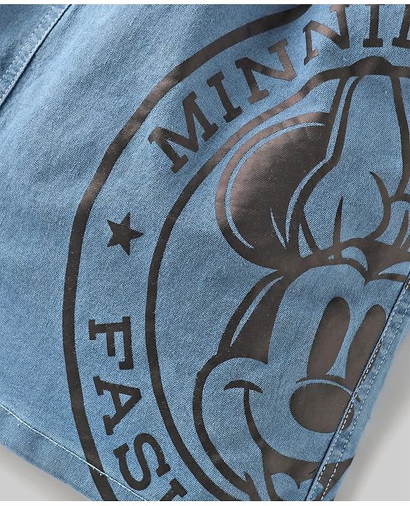 Pine Kids Disney Single Jersey Half Sleeves Drop Shoulder Top & Denim Skirt with Minnie Mouse Graphics & Color Block Design - White & Pink