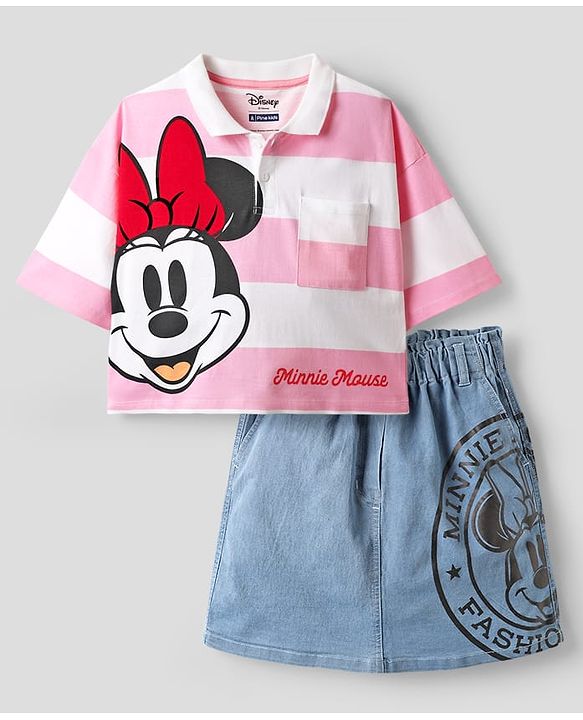 Pine Kids Disney Single Jersey Half Sleeves Drop Shoulder Top & Denim Skirt with Minnie Mouse Graphics & Color Block Design - White & Pink