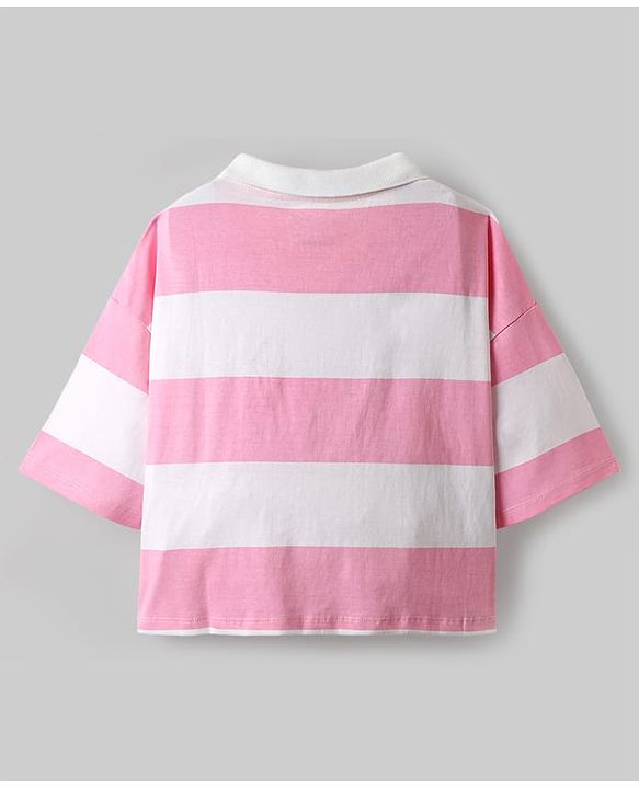 Pine Kids Disney Single Jersey Half Sleeves Drop Shoulder Top & Denim Skirt with Minnie Mouse Graphics & Color Block Design - White & Pink