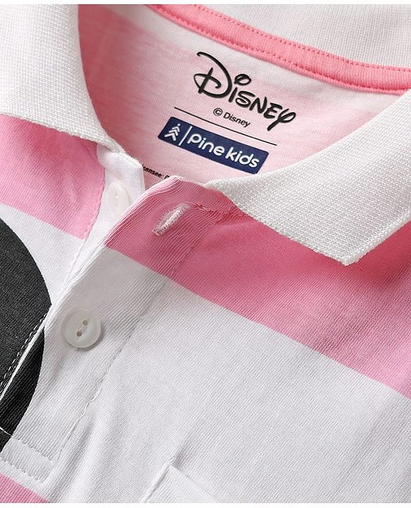 Pine Kids Disney Single Jersey Half Sleeves Drop Shoulder Top & Denim Skirt with Minnie Mouse Graphics & Color Block Design - White & Pink