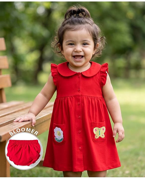 Babyhug Single Jersey Knit Frill Sleeves Frock with Bloomer & Patch Detailing - Red